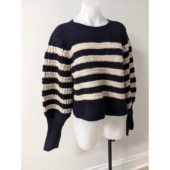Sea Size XL Reese Popcorn Sweater Navy Cream Striped 100% Wool Knit Long Sleeves - Picture 7 of 12